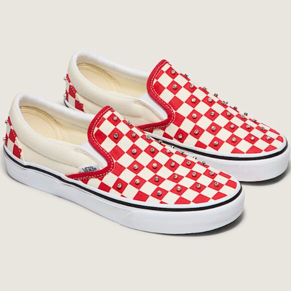Vans Classic Slip-On – Red & White Checkerboard with Rhinestone Studs - Picture 1 of 8